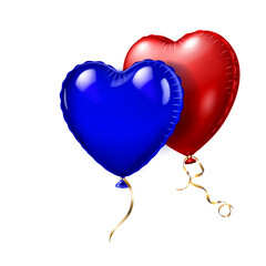 Two heart-shaped balloons, one blue and one red, with golden ribbons, against a plain white background.