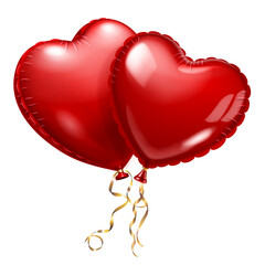 Two red heart-shaped balloons with gold ribbons on a white background.