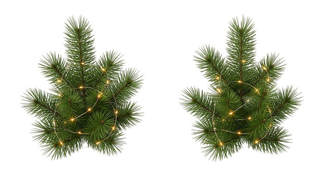 Two realistic artificial pine branches adorned with glowing warm white string lights for holiday decor - Powered by Adobe