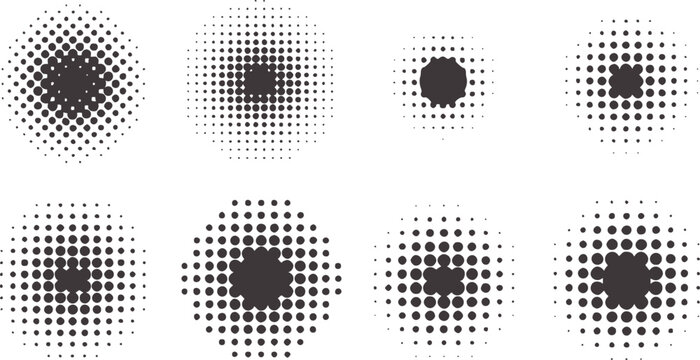 Six black circular halftone dot patterns white circles
