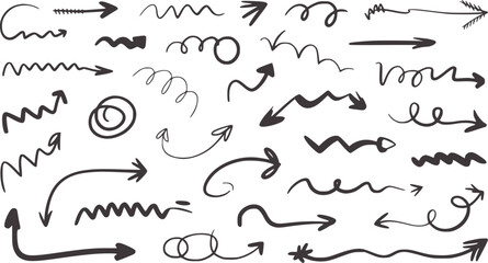 Twenty nine handdrawn black squiggly arrows collection white