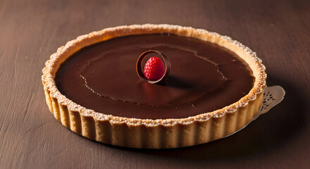 Indulge in a decadent, rich dark chocolate tart crowned with a vibrant fresh raspberry and delicate chocolate curl, perfect for gourmet desserts and celebrations.