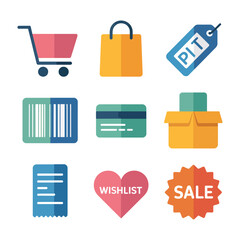 Retail commerce and product sale icon collection with barcode cart wishlist price tags flat vector illustration set design