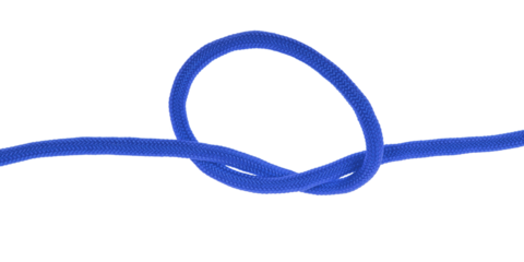 Blue rope expertly tied into a secure, fundamental knot, isolated on transparent background