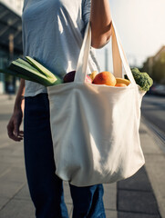 Sustainable daily lifestyle with reusable grocery bag in urban environment