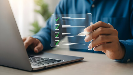Man using laptop with virtual interface and checklist