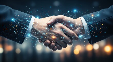 Closeup of a futuristic business handshake with glowing digital network particles symbolizing partnership, agreement, and technology integration in a dark setting