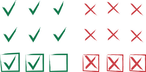 Hand-drawn check tick mark icon set including green checkbox symbols and red cross box X marks in doodle style. © Chompa