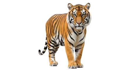 A beautiful wild Bengal tiger with black stripes is a powerful feline predator and big cat mammal isolated on a PNG for wildlife or zoo themes