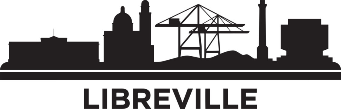 Libreville city skyline silhouette panorama black and white outline icon travel landscape