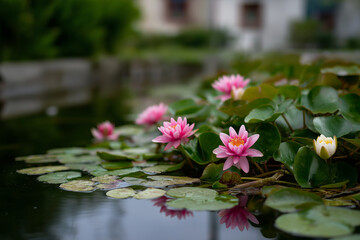 Vibrant pink water lilies float gracefully on the surface of a tranquil pond, surrounded by green leaves, creating a picturesque and peaceful natural scene evoking calmness and beauty.
