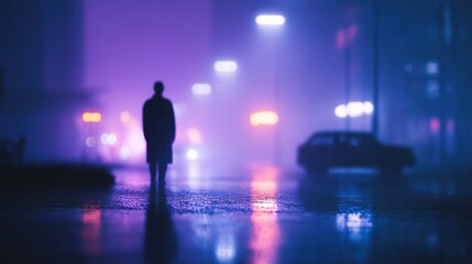 Man walks alone at night. Street is wet and full of fog.