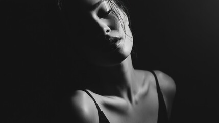 Woman in shadows with eyes closed. Light touches her face and shoulder.