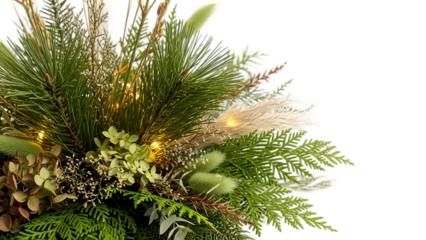 Detailed view of a holiday centerpiece featuring natural pine branches and glowing fairy lights