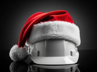 White hard hat with a red santa hat on a dark background