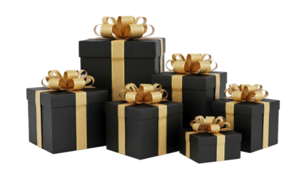 Luxury Gift Boxes with Golden Ribbons on Transparent Background PNG