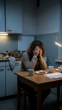 Stressed woman sitting at kitchen table at night, covering face while dealing with bills and paperwork, anxiety, burnout and financial stress concept. generative AI