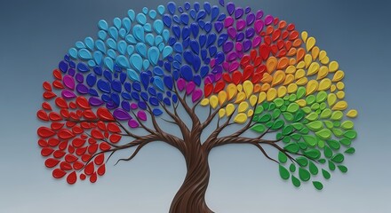 Colorful tree of life with rainbow colored leaves made of small teardrop shapes against a muted blue background, symbolizing diversity and growth