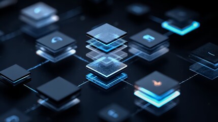 Computer chip is shown in a blue and black color scheme. The chip is made up of many small squares