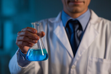 A focused scientist in a lab coat holds a flask filled with blue liquid, indicative of scientific research, innovation, and the pursuit of knowledge in modern science.
