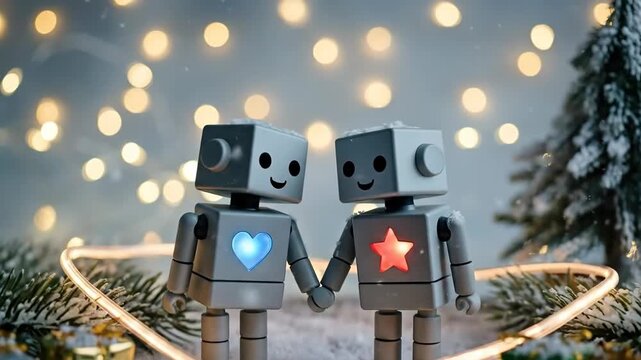 Two robots holding hands beside small Christmas tree with wrapped gifts. Cute mystical holiday scene in snowy setting with bokeh lights for winter celebration concept. video footage video footage