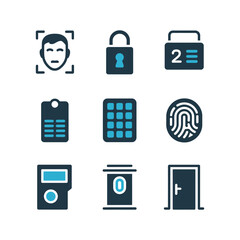 Secure entry and authorization icon collection with keypad fingerprint door lock id symbols, modern security flat vector illustration