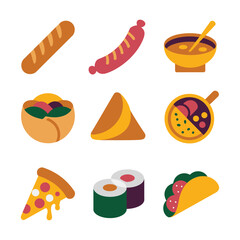 International street food icon collection with sushi taco pizza bread soup sausage flat vector illustration design