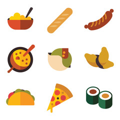 Global cuisine fast food icon set with pizza sushi taco bread soup sausage flat vector illustration collection