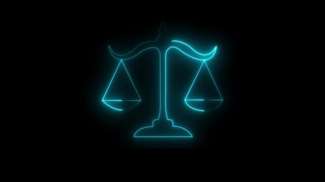 Glowing neon Law Symbol Digital Justice Scale Loop. Neon Scales of Justice Animation Legal Concept .Glowing neon line Scales of justice icon isolated on black background. Court of law