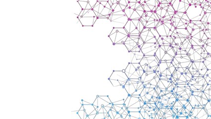 Abstract background featuring a complex molecular structure network with purple and blue gradient nodes on a clean white canvas ideal for science themes