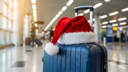 santa hat on travel bag at airport setting
