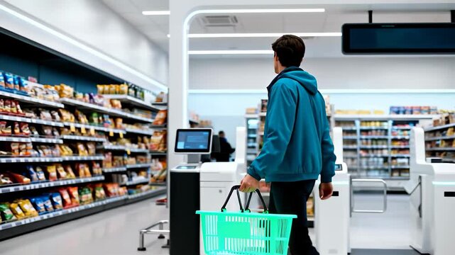 A young man in a blue jacket walks through automated gates in a modern supermarket holding a green shopping basket