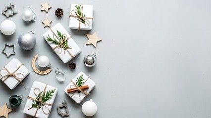 Christmas gift boxes and decorations on white surface, with copyspace flat lay 