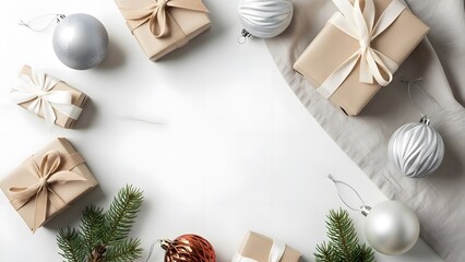 Christmas gift boxes and decorations on white surface, with copyspace flat lay 