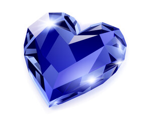 A blue gemstone cut into a heart shape, with multiple facets reflecting light, on a white background, in a digital illustration style.