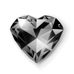 A digitally illustrated black diamond cut into a heart shape, with various facets reflecting light, set against a plain white background with subtle shadowing.