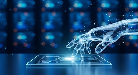 Holographic digital hand interacting with a glowing futuristic tablet interface in a dark, abstract technological environment representing ai and innovation
