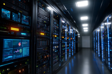 An advanced data center filled with rows of racks and colorful screens showcases the world of technology and innovation, illustrating the backbone of modern digital infrastructure.