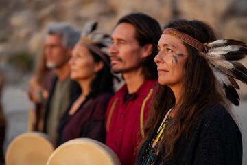 A group of native individuals in traditional attire gathers at the beach to perform a ritual, celebrating heritage and cultural identity while embracing nature and community.