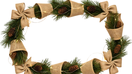 Festive holiday frame with rustic burlap ribbon, natural pinecones, and warm white lights