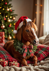 Plaid Christmas horse wearing Santa hat and festive equine wreath, a cozy Christmas pet holiday pony portrait by a lit Christmas tree for seasonal animal blogs, winter content,