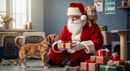 Santa Claus giving gifts to a dog and cat at an animal shelter for Christmas pet adoption, holiday animal rescue, pet welfare celebration, and humane society awareness.