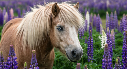 Blond Mane Horse with Striking Blue Eyes Portrait in Purple Lupine Field. Wild Pony Nature Image for Wildlife Blogs, Nature Websites, Equine Education, Animal Cards, and Summer Meadow Fauna and Flora.
