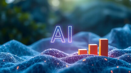 abstract ai visualization with glowing data waves and rising chart elements representing artificial intelligence growth analytics and digital innovation concept