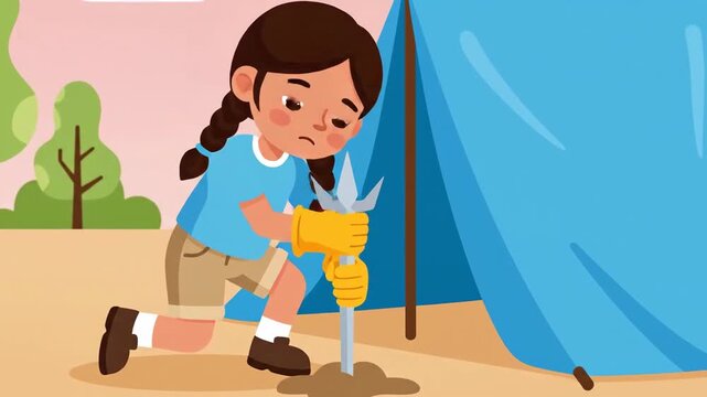 Girl Exploring Tent Outdoors in a Lush Forest Camp Scene for Kids Adventure Video
