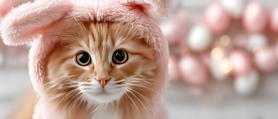 Cute cat dressed in bunny ears costume captures the spirit of Easter in a studio setting with soft tones and vivid details