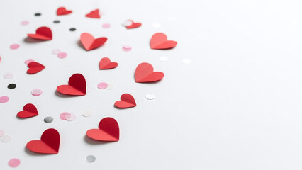 Scattered red paper hearts and confetti on a white background, top view, symbolizing love and celebration