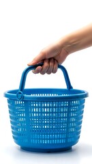 Fototapeta premium Hand holding blue plastic laundry basket with white background image