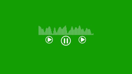 Generate title without using the word "Title:" before it. White audio equalizer waveform with play pause and skip buttons on a green background