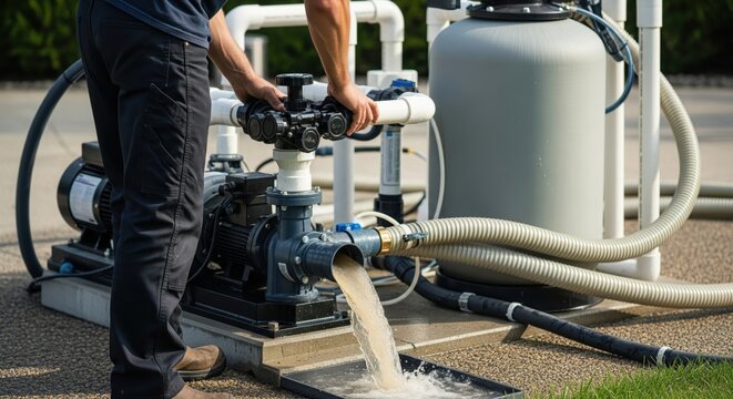 Pool technician backwashing sand filter system, draining dirty water from the outdoor equipment.